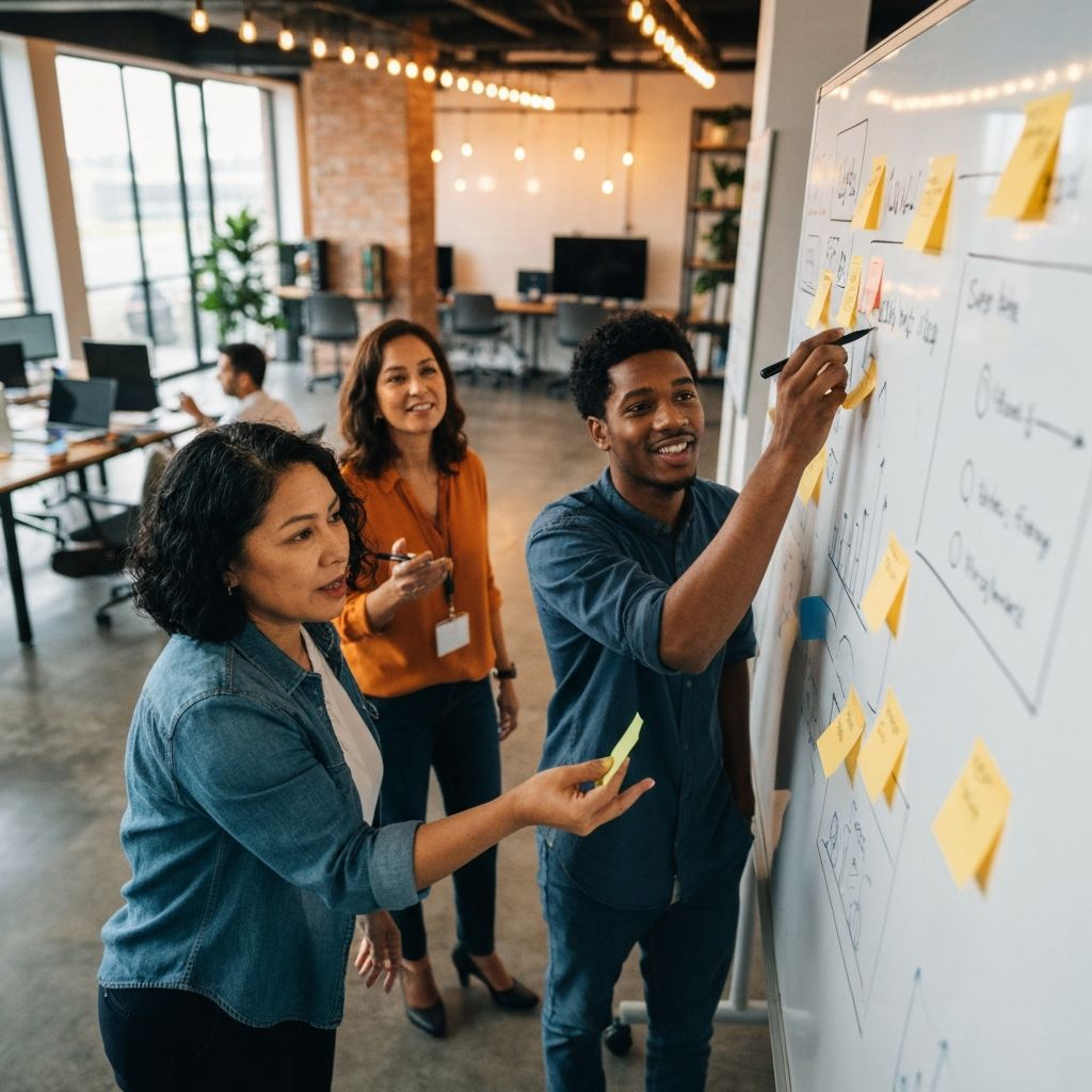 Team collaborating on AI strategy at a whiteboard
