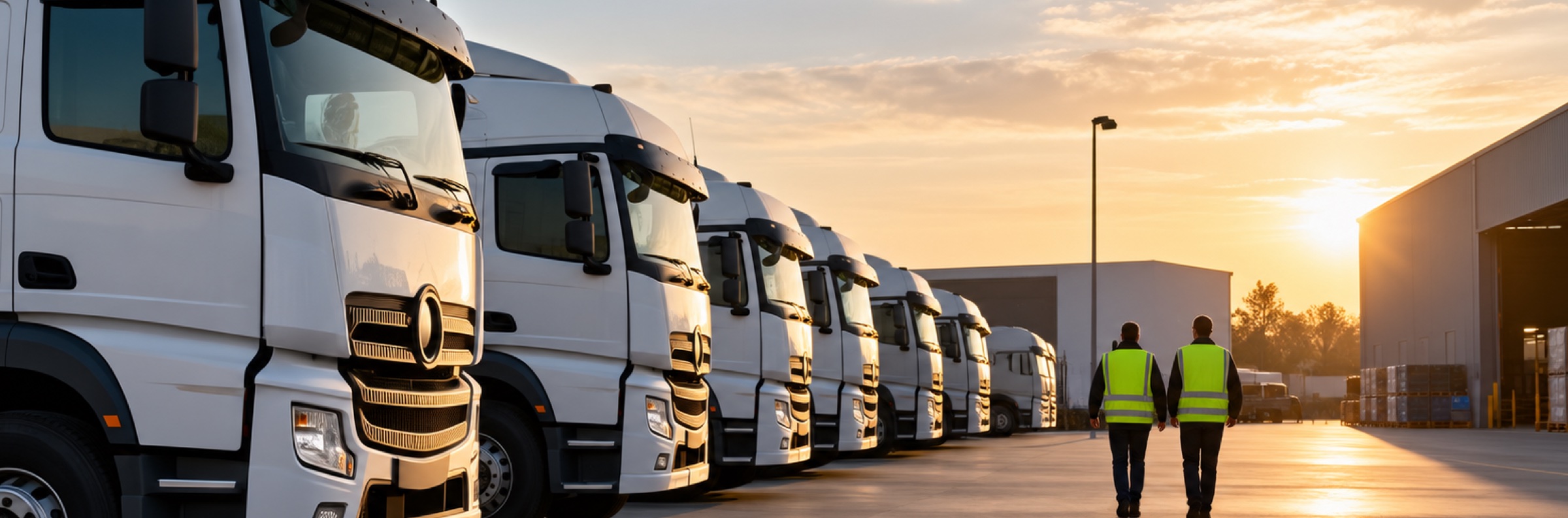 A row of fleet trucks at a depot at sunset