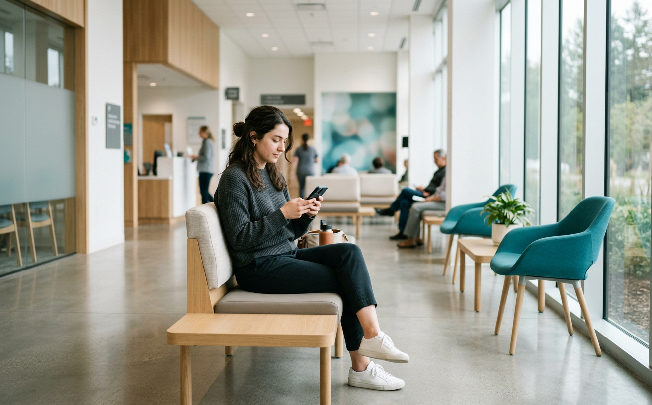 A patient in a clinic waiting area finding care on her phone